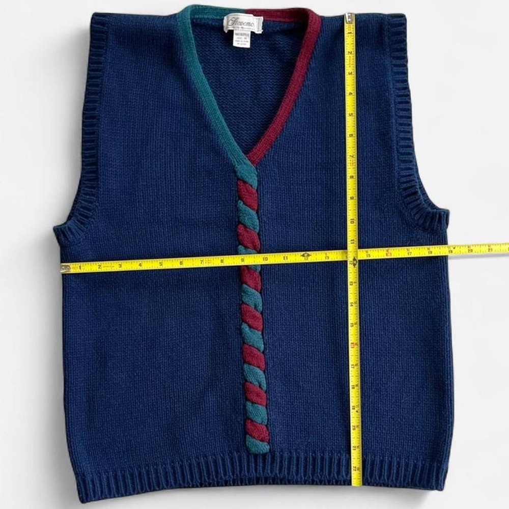 Vintage Stevemor Navy Blue Acrylic Knit With Green & Burgundy Twist Sweater Vest - Picture 5 of 7